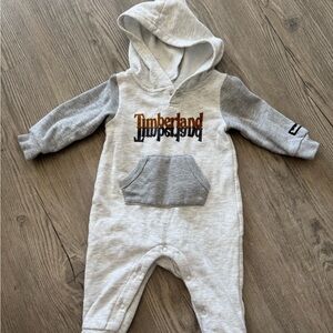 Timberland Light Gray Hooded Baby One-Piece with Pocket
